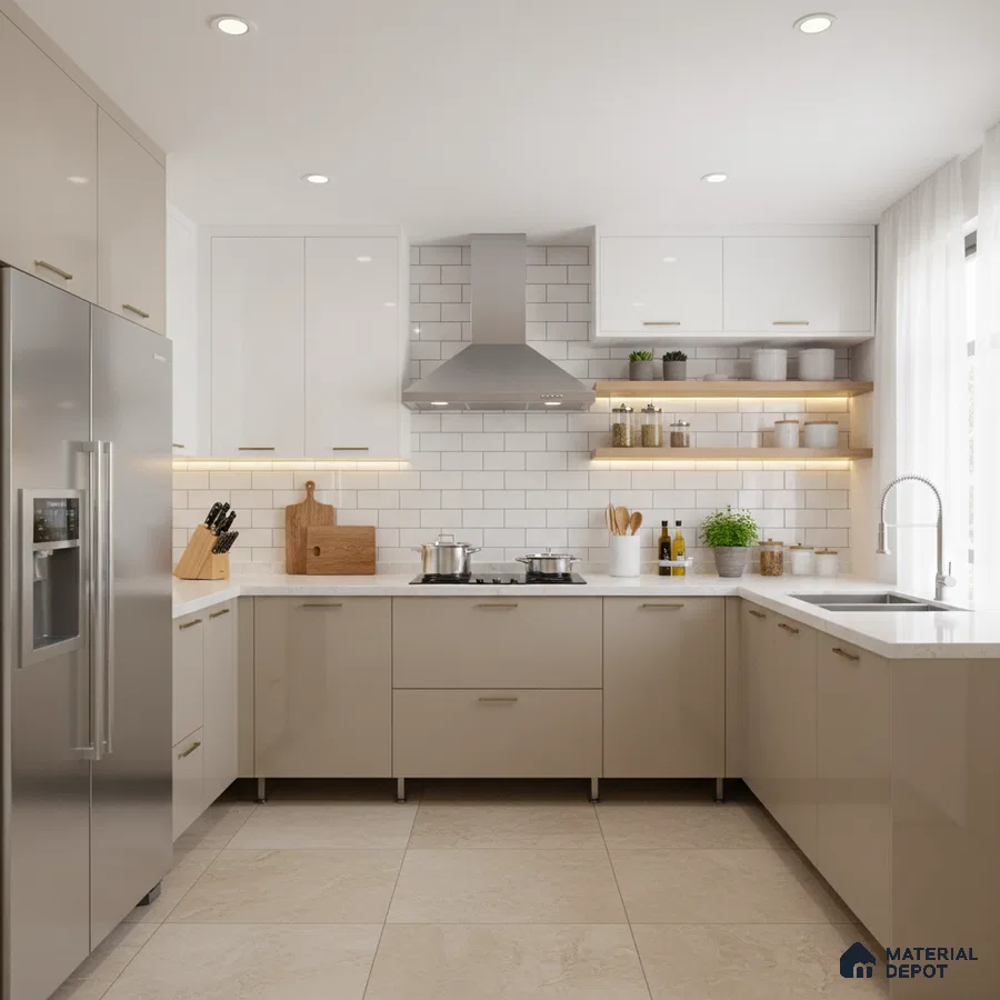Modern kitchen with frosty white and beige laminate, white quartz countertop, and subway tile backsplash in Bengaluru