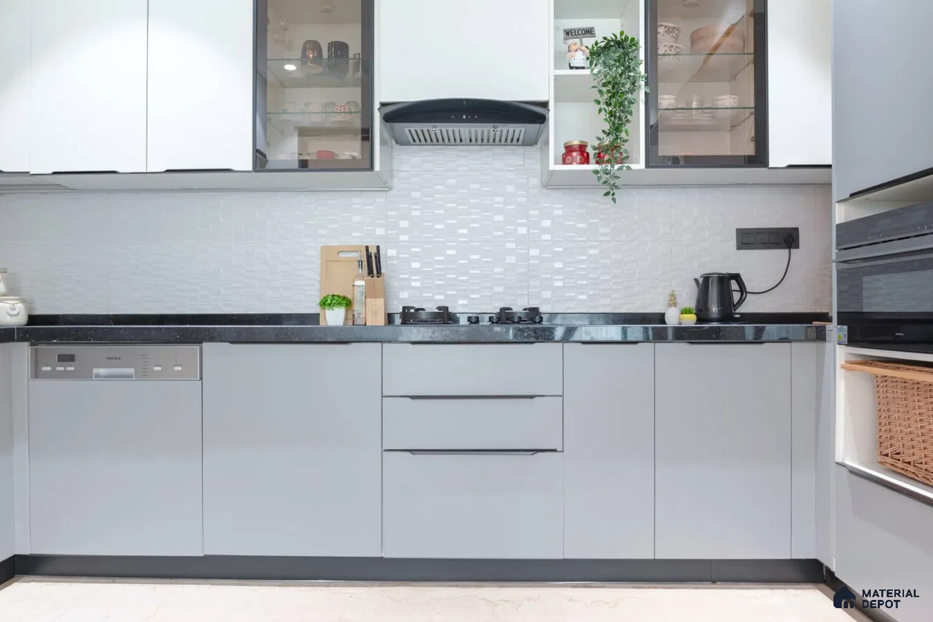Modern kitchen with frosty white and light grey laminate, black granite countertop, and white textured backsplash tile in Bengaluru | Material Depot