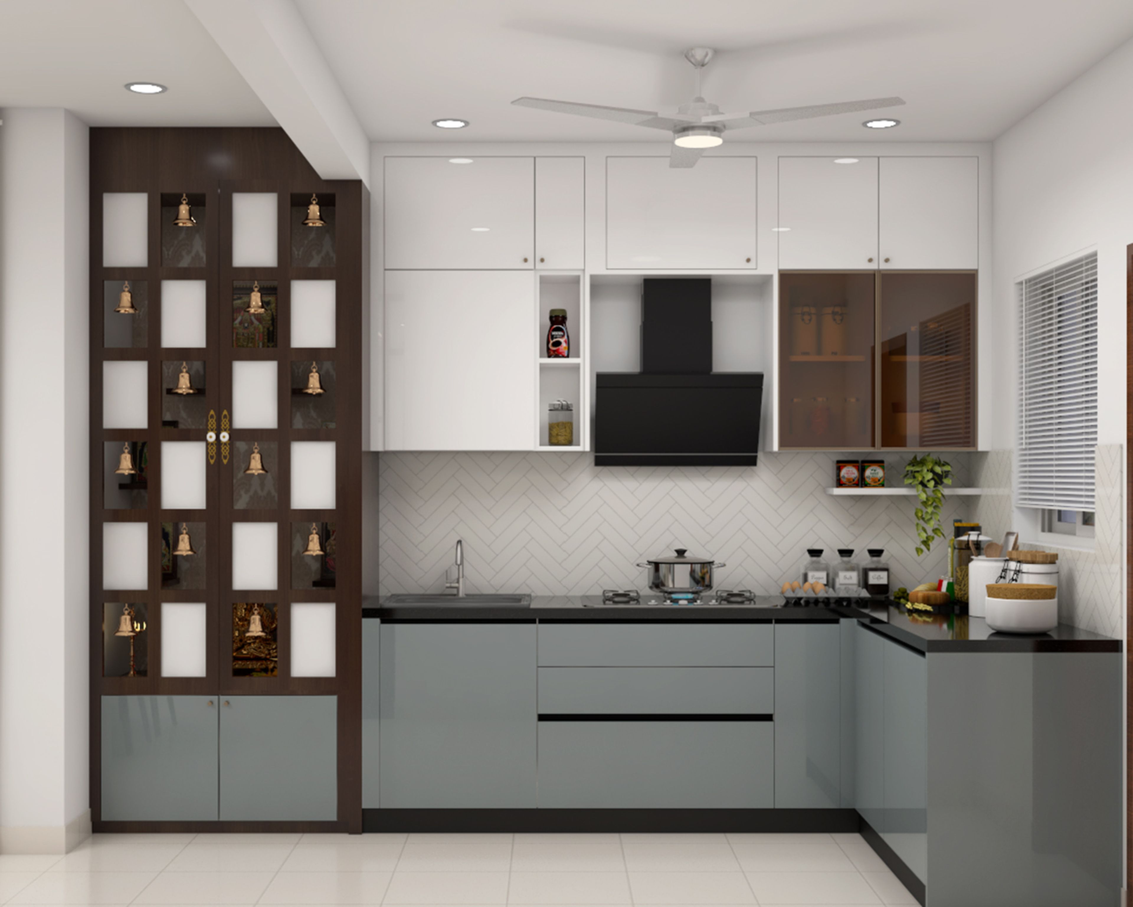 Modern kitchen with frosty white and pastel grey laminate, black granite countertop, and herringbone subway tile backsplash in Bengaluru | Material Depot