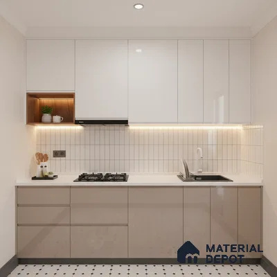 Modern kitchen with frosty white and taupe high gloss laminate, white quartz countertop, and vertical subway backsplash tiles in Bengaluru