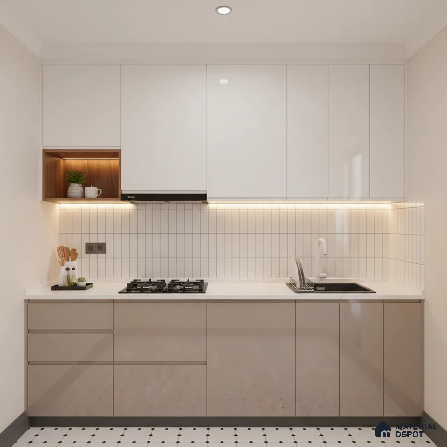 Modern kitchen with frosty white and taupe high gloss laminate, white quartz countertop, and vertical subway backsplash tiles in Bengaluru
