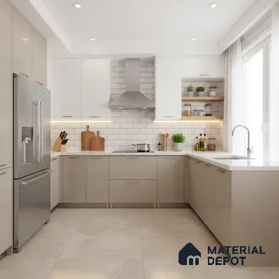 Modern kitchen with frosty white and taupe laminate, white quartz countertop, and subway tile backsplash in Bengaluru