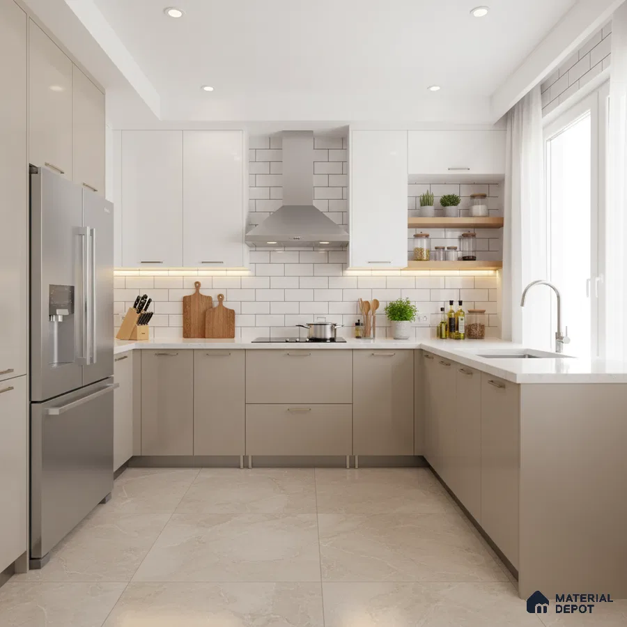 Modern kitchen with frosty white and taupe laminate, white quartz countertop, and subway tile backsplash in Bengaluru