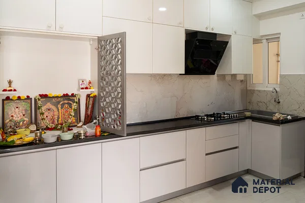 Modern kitchen with frosty white high gloss laminate cabinets and marble-look backsplash in Bengaluru | Material Depot
