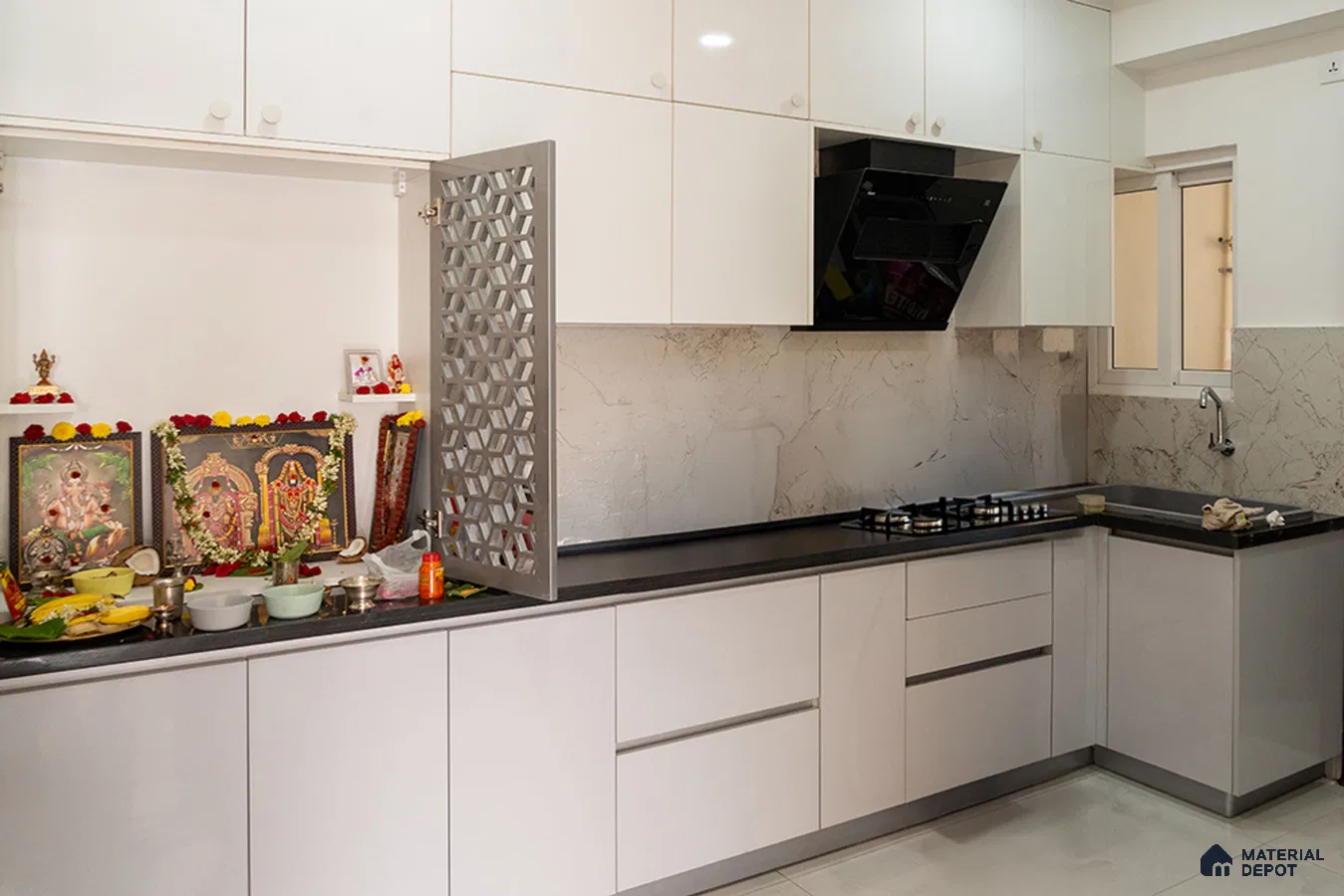 Modern kitchen with frosty white high gloss laminate cabinets and marble-look backsplash in Bengaluru | Material Depot