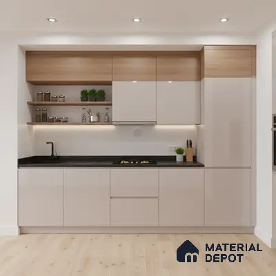 Modern kitchen with frosty white high gloss laminate, natural oak laminate, and black quartz countertop in Bengaluru