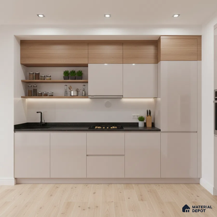 Modern kitchen with frosty white high gloss laminate, natural oak laminate, and black quartz countertop in Bengaluru