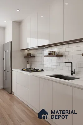 Modern kitchen with frosty white high gloss laminate, white marble-look quartz countertop, and subway tile backsplash in Bengaluru