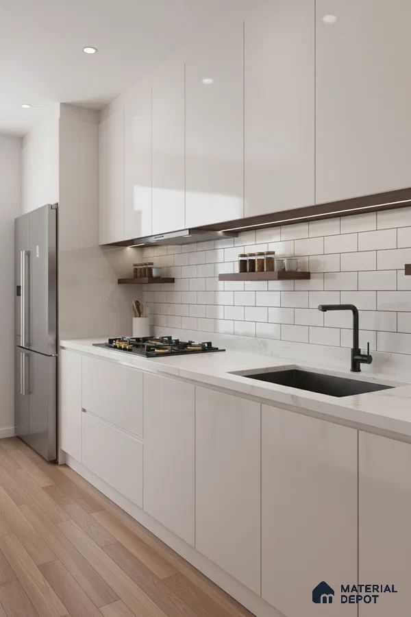 Modern kitchen with frosty white high gloss laminate, white marble-look quartz countertop, and subway tile backsplash in Bengaluru