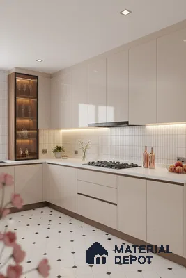Modern kitchen with frosty white high gloss laminate, white quartz countertop, and geometric white floor tiles in Bengaluru