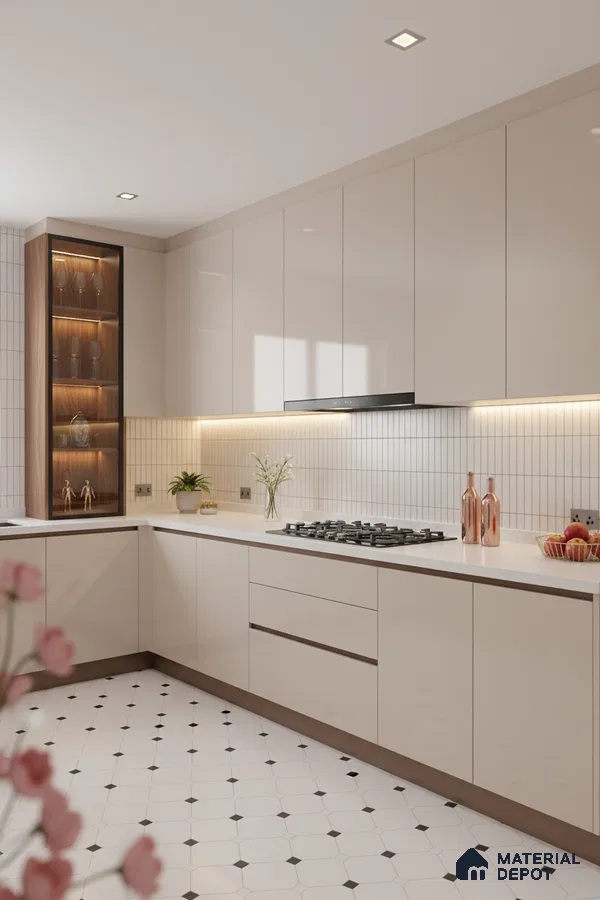 Modern kitchen with frosty white high gloss laminate, white quartz countertop, and geometric white floor tiles in Bengaluru
