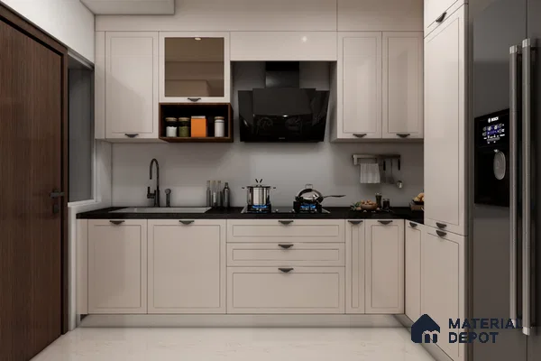 Modern kitchen with frosty white laminate cabinets and black granite countertop in Bengaluru | Material Depot