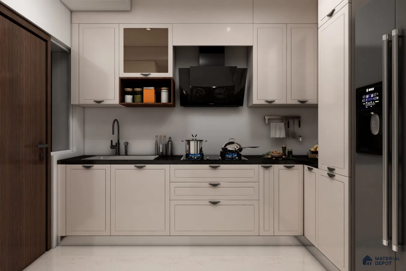 Modern kitchen with frosty white laminate cabinets and black granite countertop in Bengaluru | Material Depot