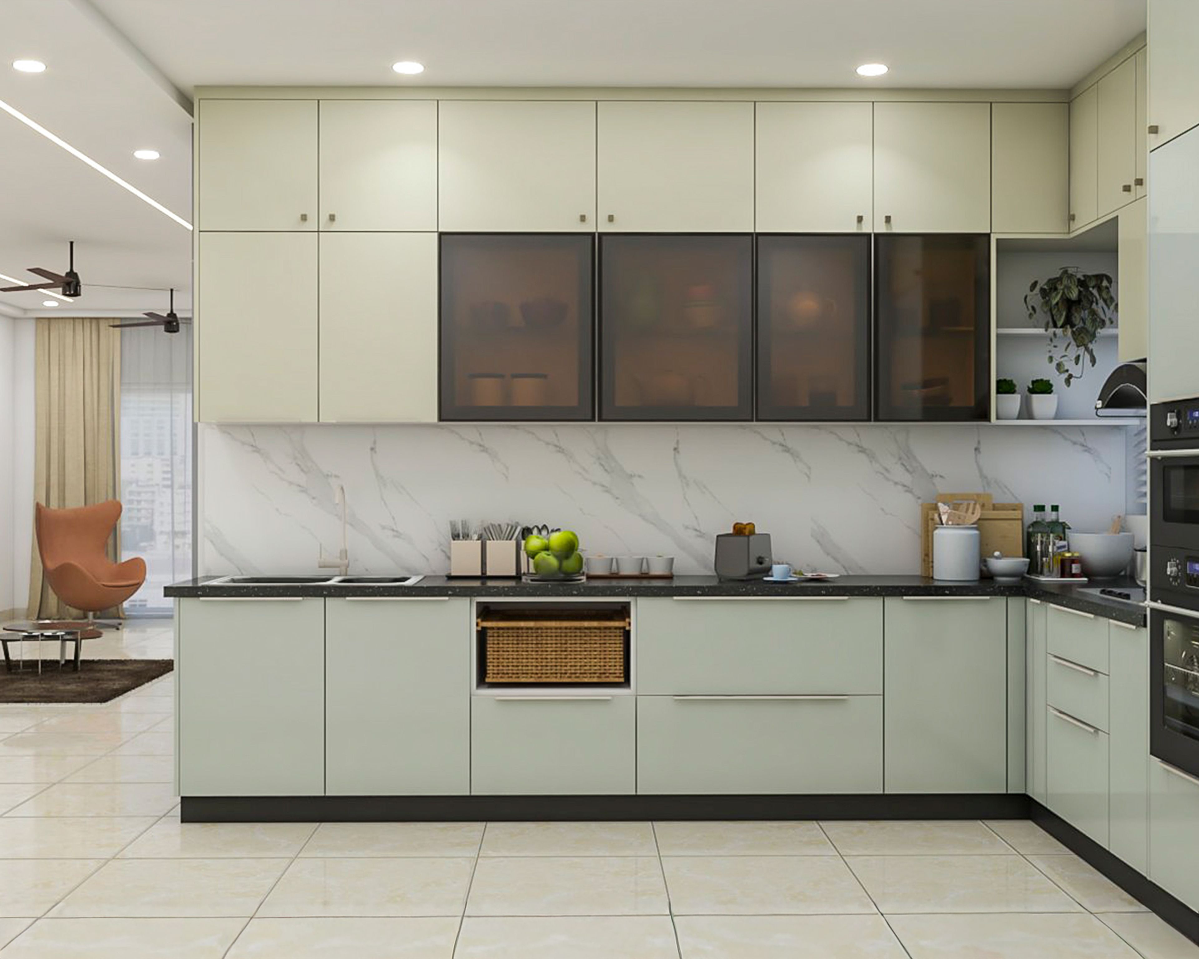 Modern kitchen with frosty white laminate cabinets and marble-look backsplash in Bengaluru | Material Depot