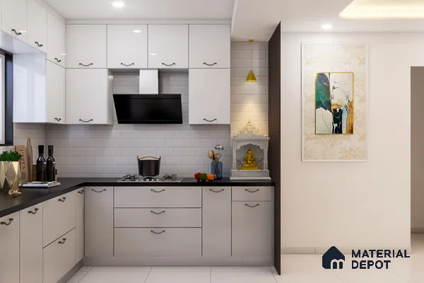 Modern kitchen with frosty white laminate cabinets, black quartz countertop, and white subway backsplash tiles in Bengaluru | Material Depot