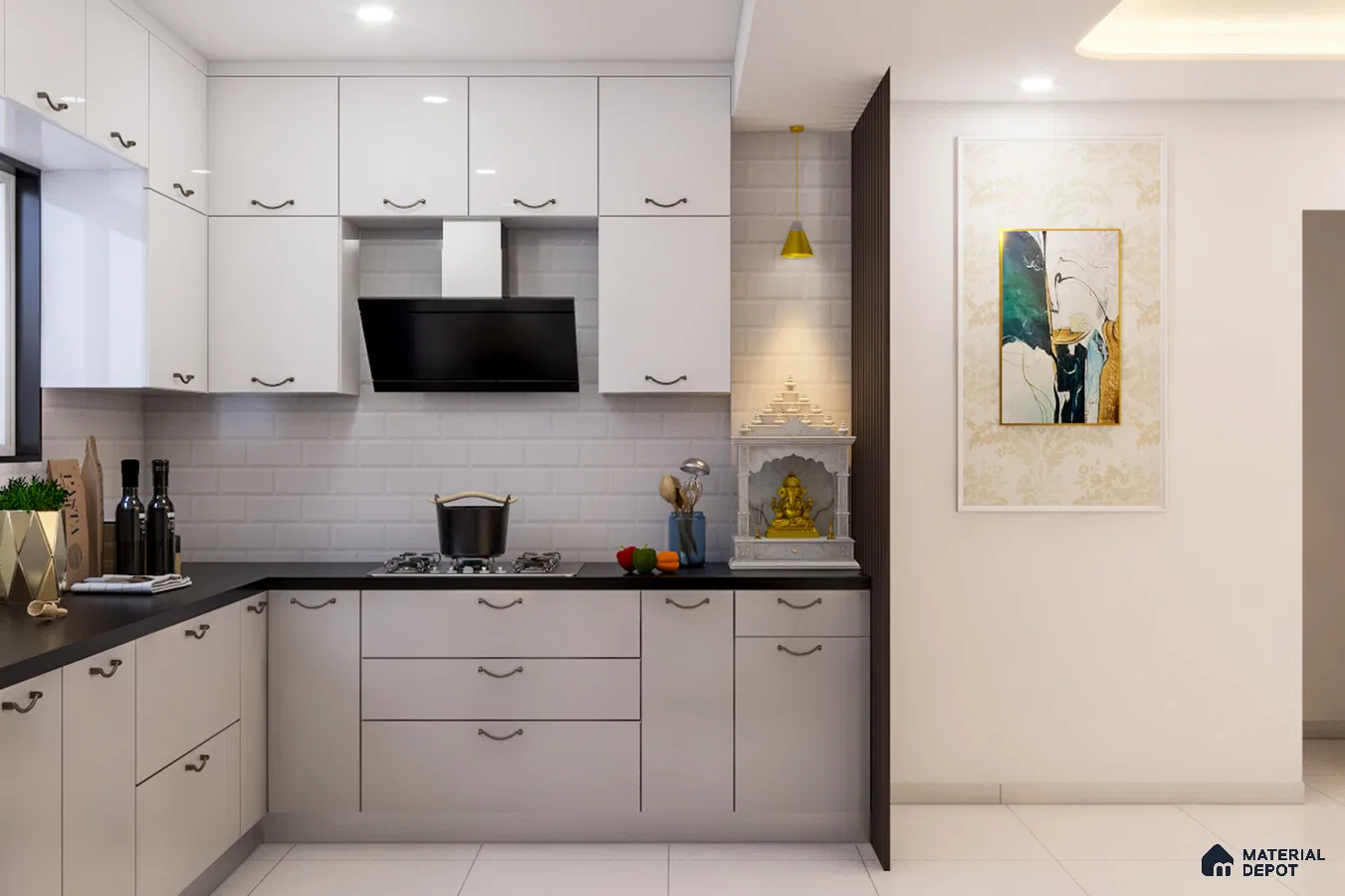 Modern kitchen with frosty white laminate cabinets, black quartz countertop, and white subway backsplash tiles in Bengaluru | Material Depot