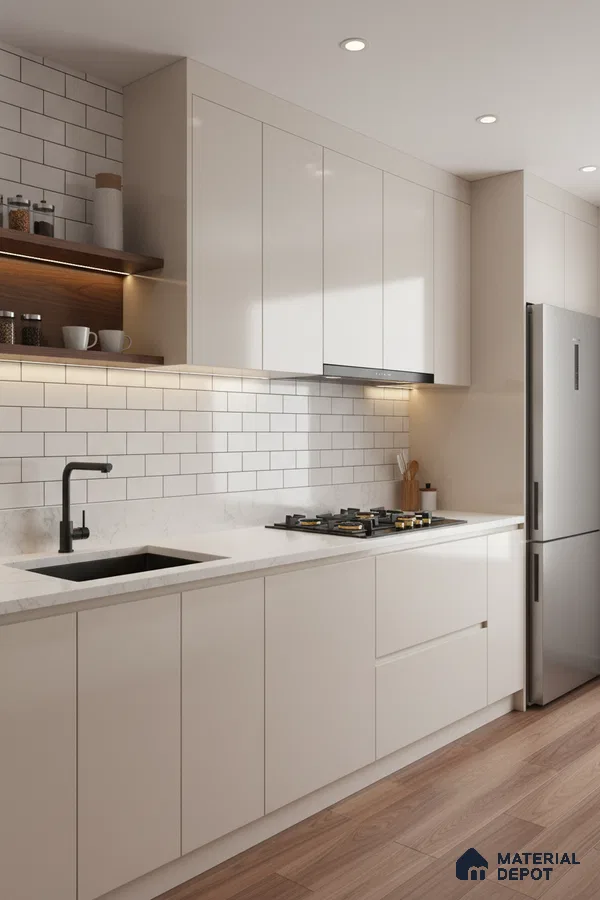 Modern kitchen with frosty white laminate cabinets, white marble-look quartz countertop, and subway backsplash tile in Bengaluru