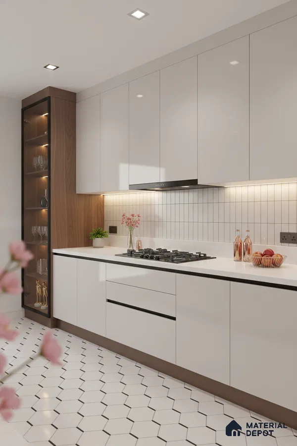 Modern kitchen with frosty white laminate cabinets, white quartz countertop, and hexagonal floor tiles in Bengaluru