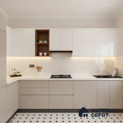 Modern kitchen with frosty white laminate, white quartz countertop, and geometric patterned floor tile in Bengaluru