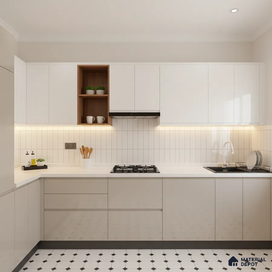 Modern kitchen with frosty white laminate, white quartz countertop, and geometric patterned floor tile in Bengaluru