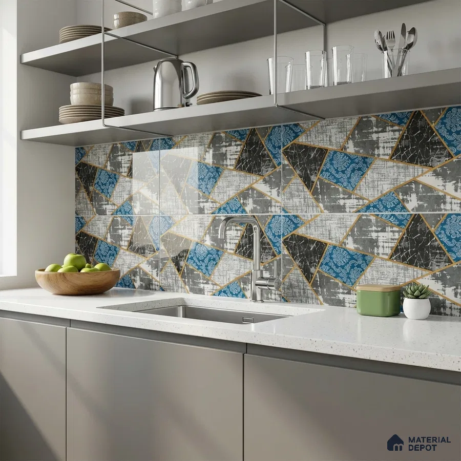 Modern kitchen with geometric blue and grey patterned backsplash tile and white quartz countertop