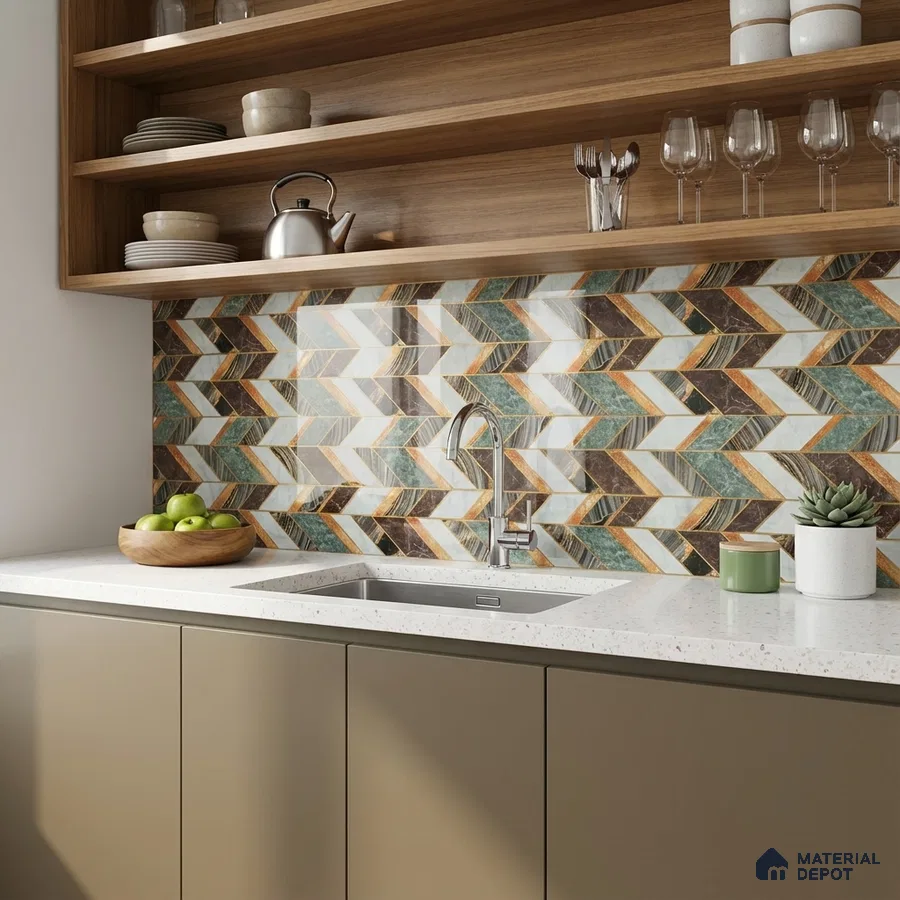 Modern kitchen with geometric chevron multicolor backsplash tile, taupe laminate cabinets, and white quartz countertop