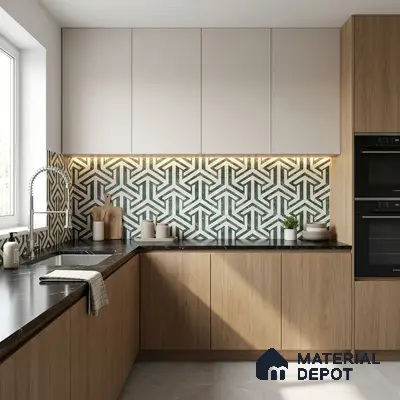 Modern kitchen with geometric green and white backsplash tile, light oak laminate, and black marble countertop