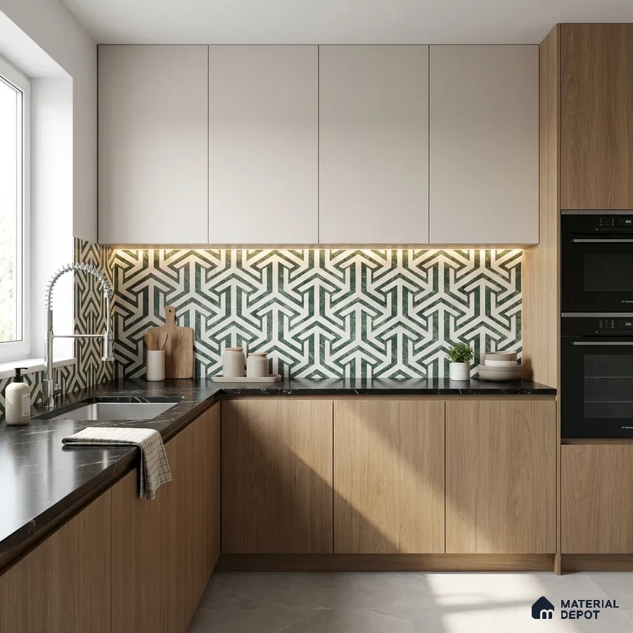Modern kitchen with geometric green and white backsplash tile, light oak laminate, and black marble countertop