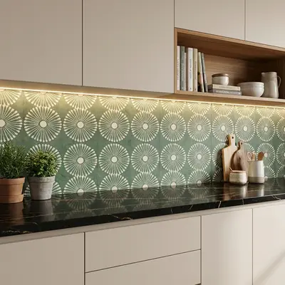 Modern kitchen with geometric green patterned backsplash tile and black marble countertop