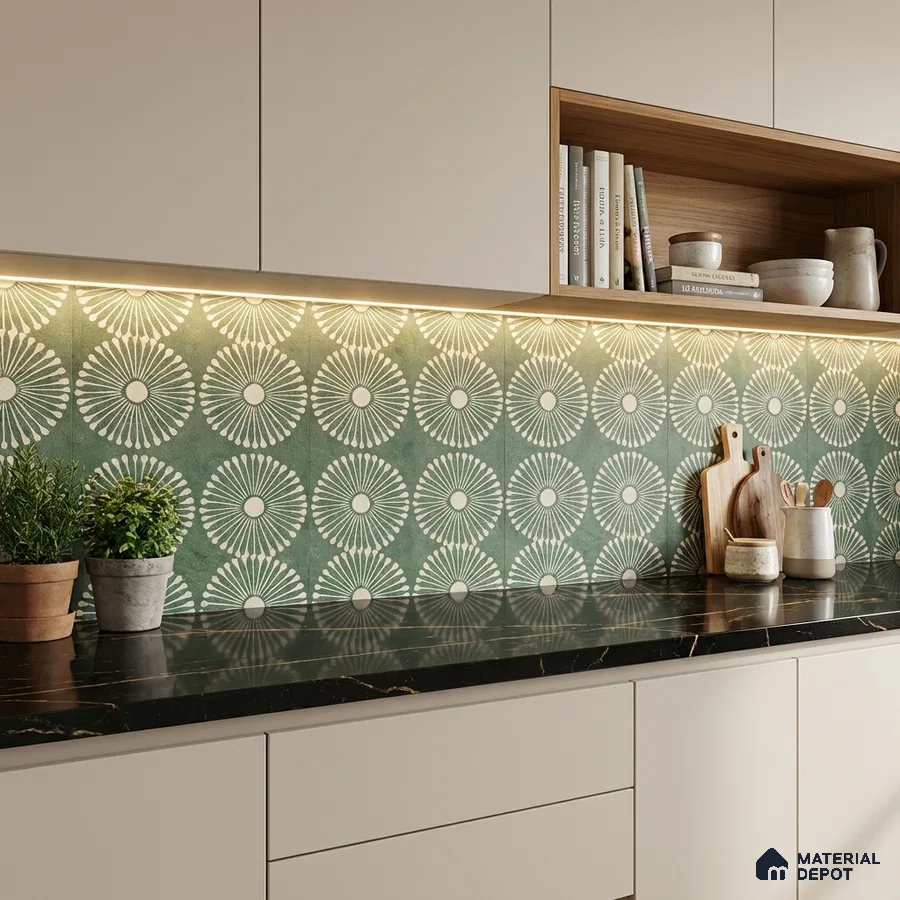 Modern kitchen with geometric green patterned backsplash tile and black marble countertop