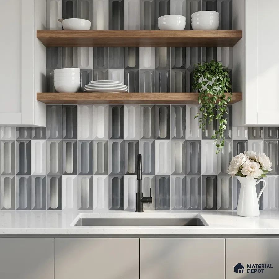 Modern kitchen with geometric grey and white backsplash tile, white quartz countertop, and wooden open shelves