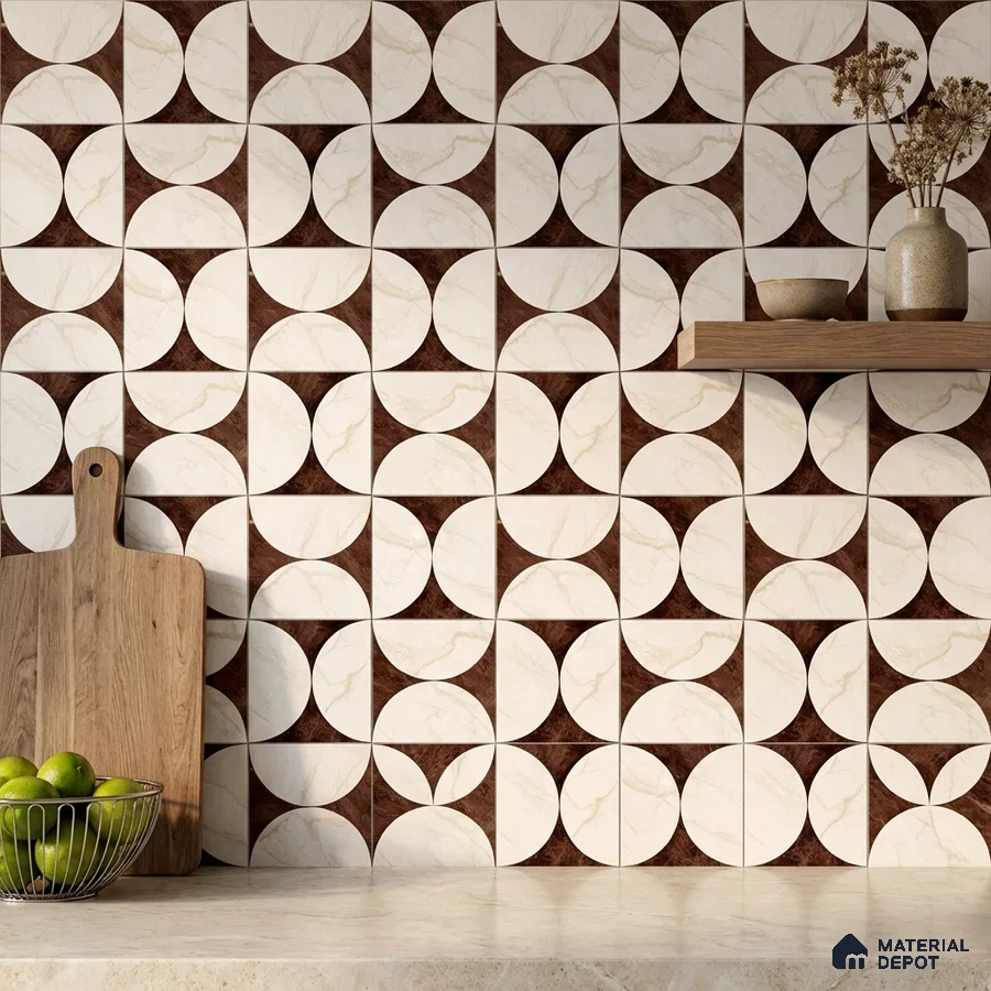 Modern kitchen with geometric marble and brown patterned wall tiles and beige marble countertop