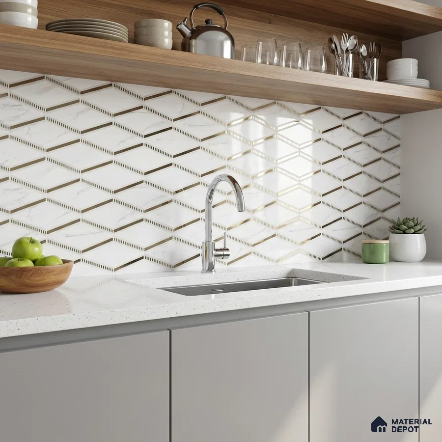 Modern kitchen with geometric marble-look backsplash tile, white quartz countertop, and light grey laminate cabinets