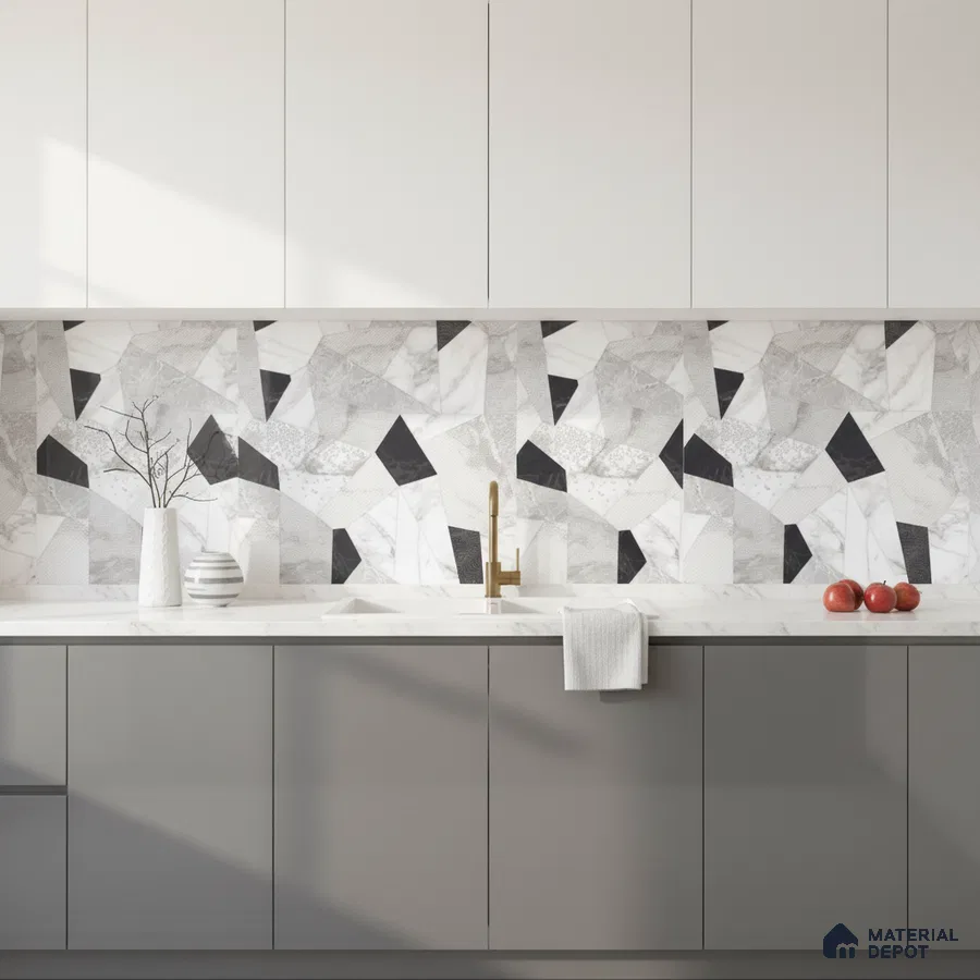 Modern kitchen with geometric marble-look backsplash tile, white upper cabinets, and grey matte base cabinets in Bengaluru