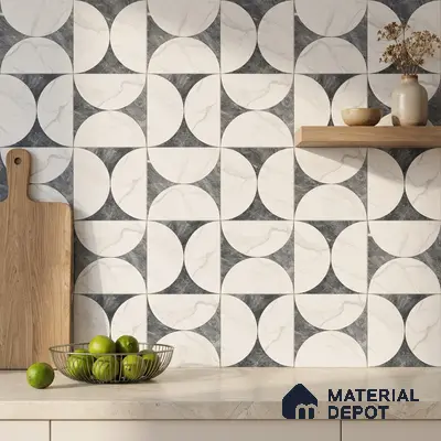 Modern kitchen with geometric marble-look backsplash tiles and beige quartz countertop