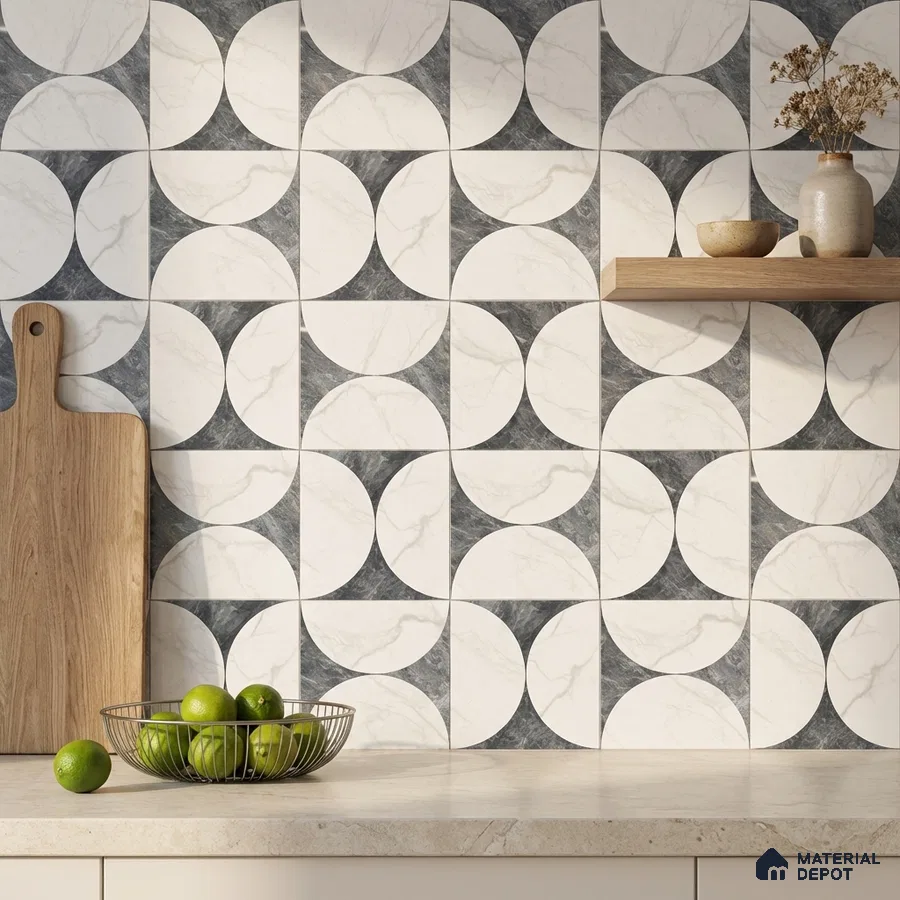 Modern kitchen with geometric marble-look backsplash tiles and beige quartz countertop