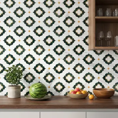 Modern kitchen with geometric moroccan backsplash tile and walnut wood countertop