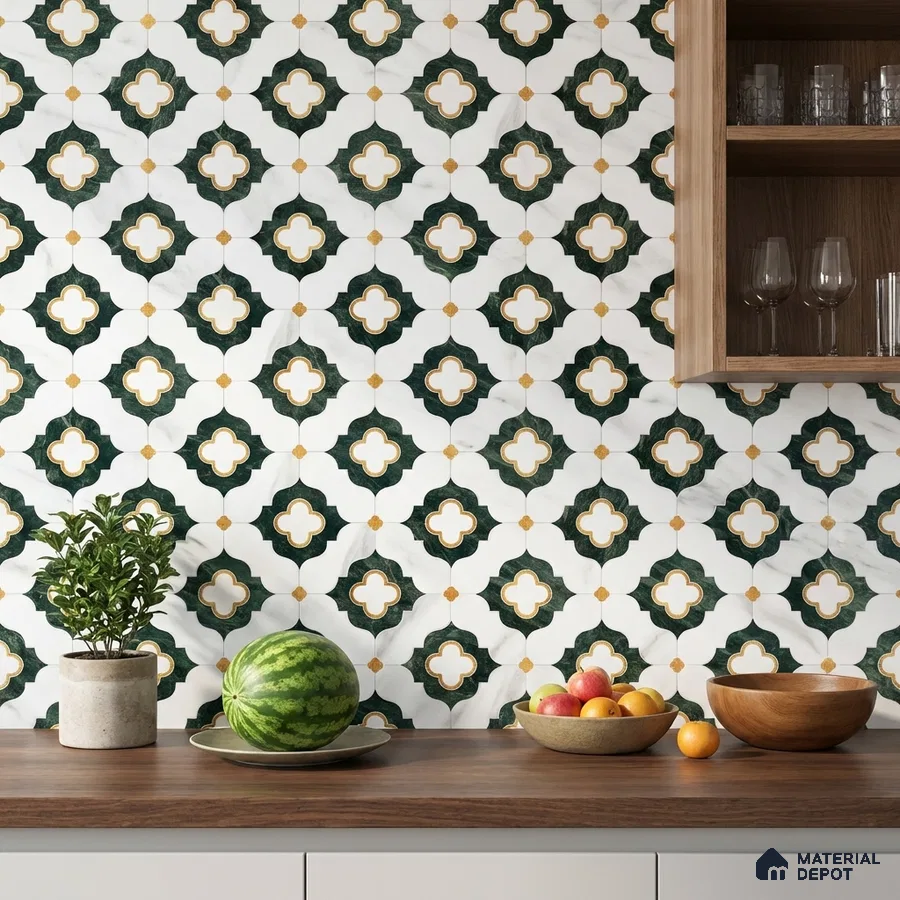 Modern kitchen with geometric moroccan backsplash tile and walnut wood countertop