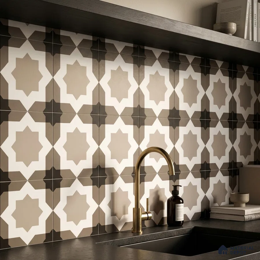 Modern kitchen with geometric moroccan patterned backsplash tile and matte black countertop