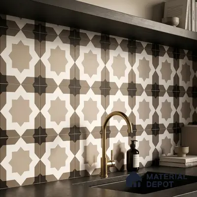 Modern kitchen with geometric moroccan patterned backsplash tile and matte black countertop