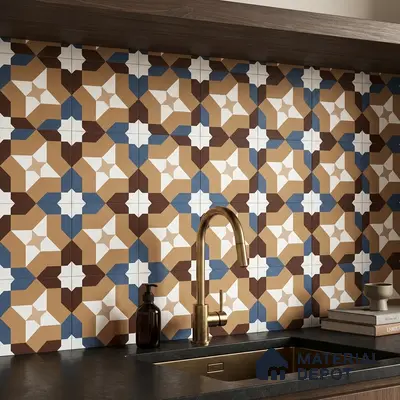 Modern kitchen with geometric patterned backsplash tile and matte black countertop