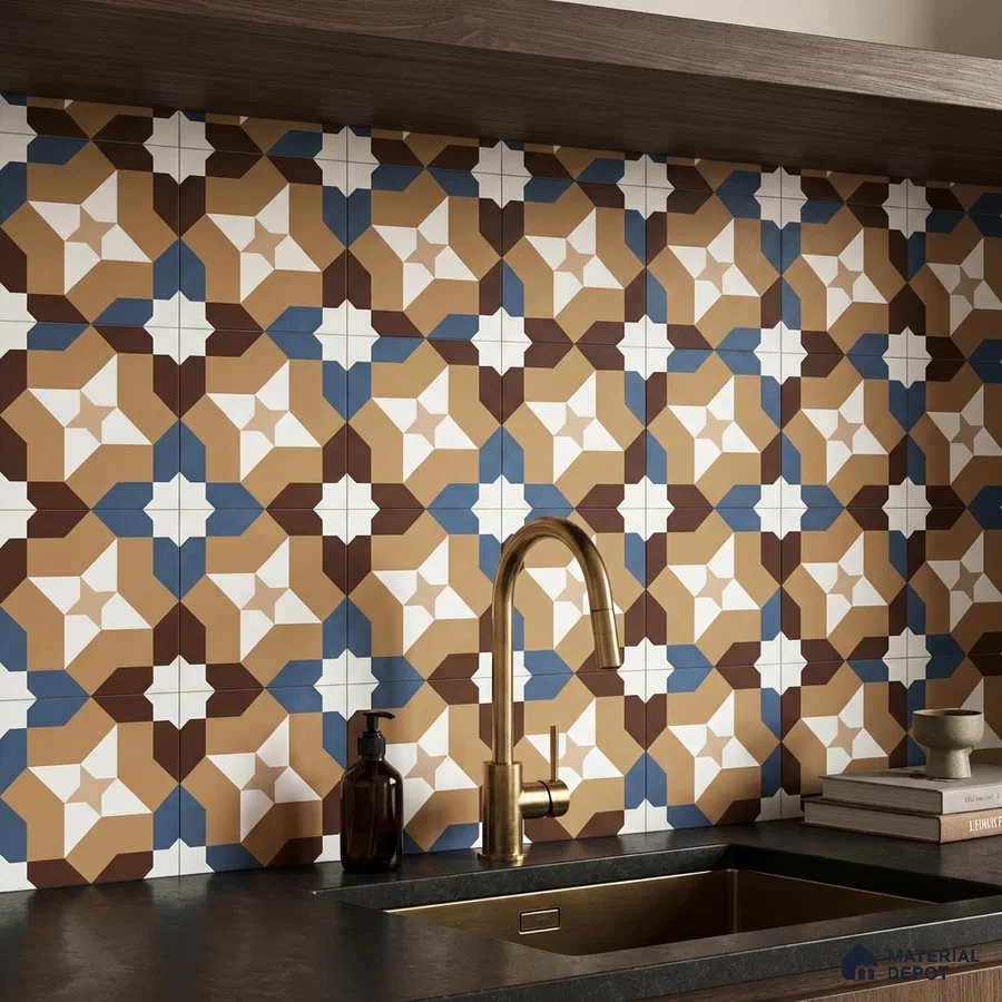 Modern kitchen with geometric patterned backsplash tile and matte black countertop