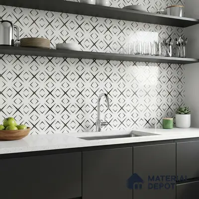 Modern kitchen with geometric patterned backsplash tile and matte black laminate cabinets