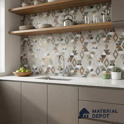 Modern kitchen with geometric patterned backsplash tile, taupe laminate cabinets, and white quartz countertop