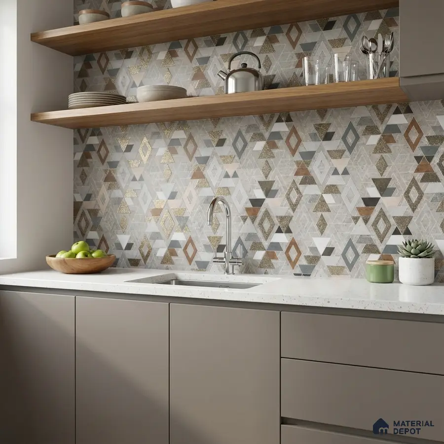 Modern kitchen with geometric patterned backsplash tile, taupe laminate cabinets, and white quartz countertop