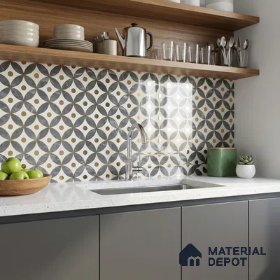 Modern kitchen with geometric patterned backsplash tile, white quartz countertop, and matte grey laminate cabinets