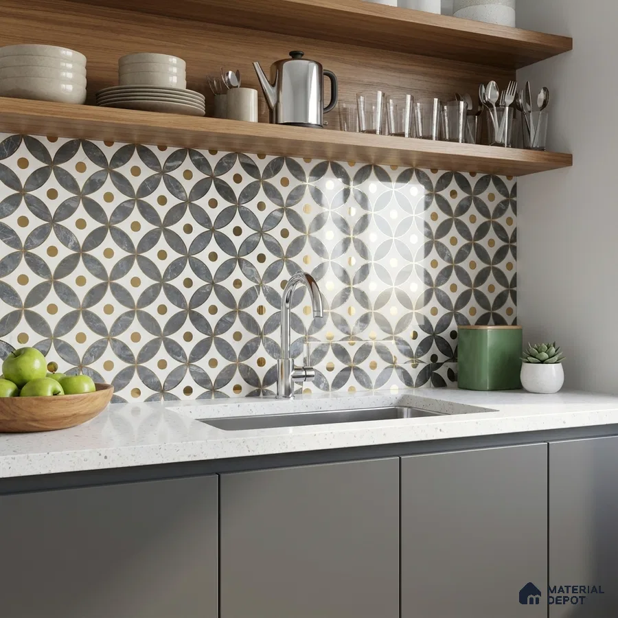 Modern kitchen with geometric patterned backsplash tile, white quartz countertop, and matte grey laminate cabinets