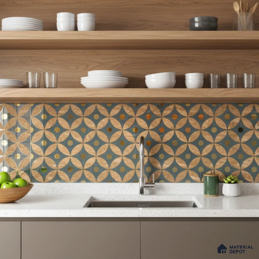 Modern kitchen with geometric patterned backsplash tile, white quartz countertop, and natural oak open shelves