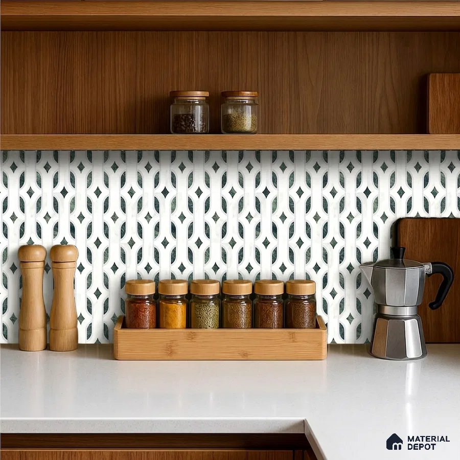 Modern kitchen with geometric patterned backsplash tile, white quartz countertop, and walnut wood laminate cabinets
