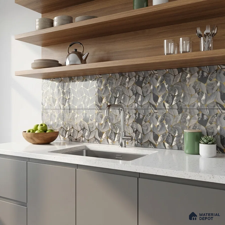 Modern kitchen with geometric stone-look backsplash tile, white quartz countertop, and light wood open shelves